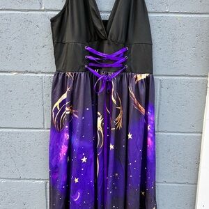 Mystical Black and Purple Starry Dress with Lace-Up Detail.